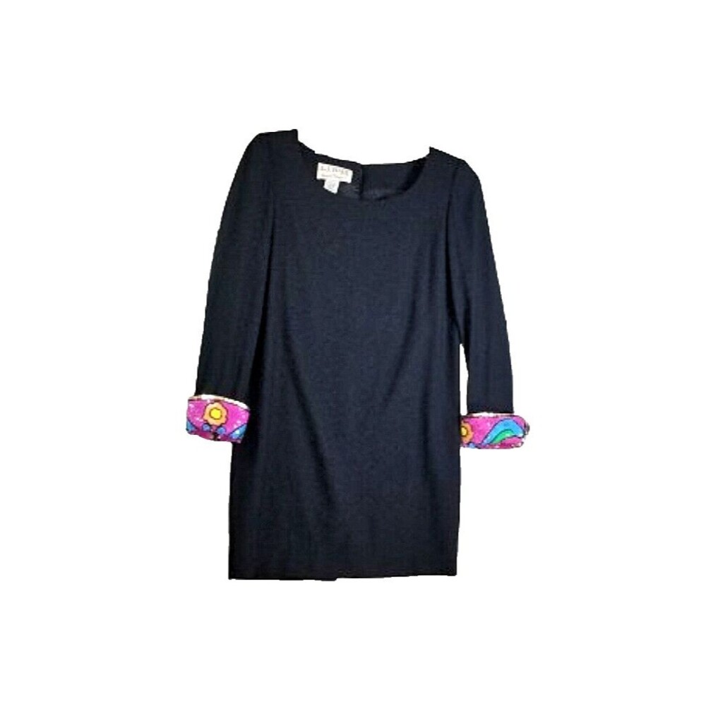 Vtg A J BARI Black Shift Dress Long Sleeves Colorful Floral Sequin Cuffs Sz 4